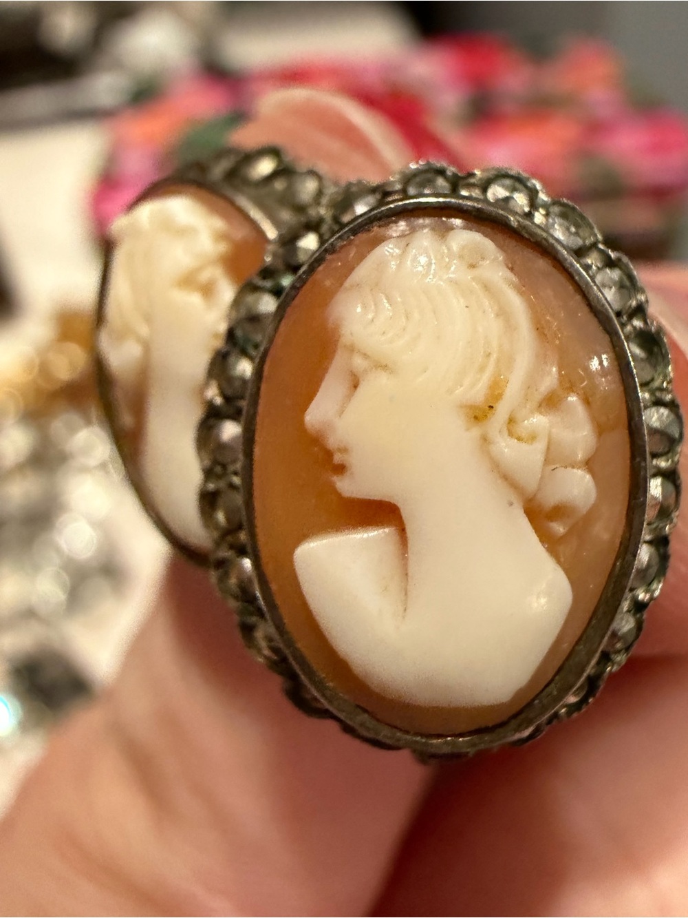 Vintage Geniune Shell Cameo in Cream and Brown, Screw Ons - Picture 3 of 9